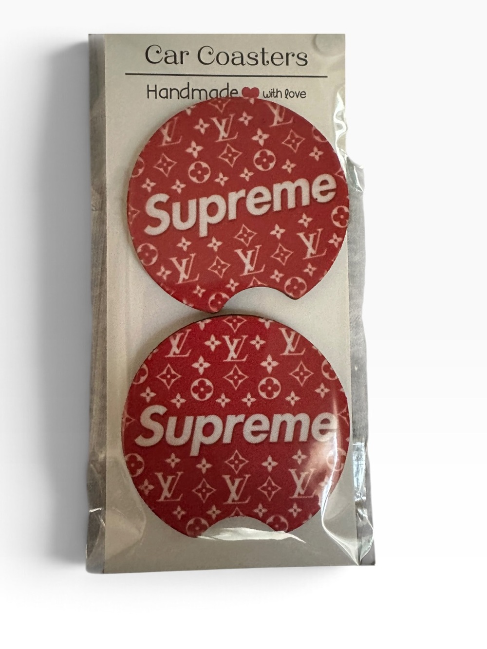Supreme Red Logo Round Car Coasters (Set of 2)